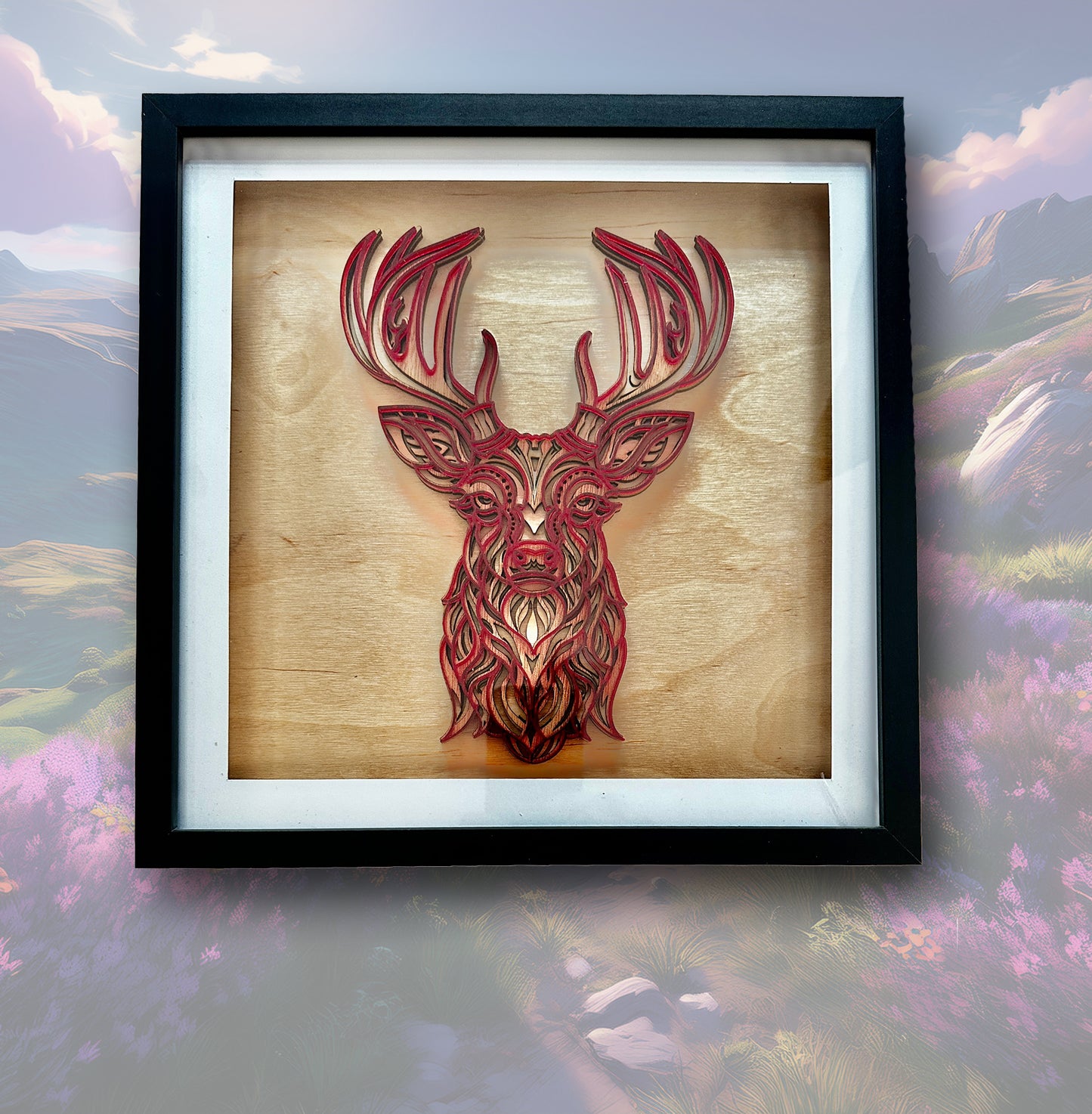 Multi Layered Mountain Stag in 30cmx30cm shadow box