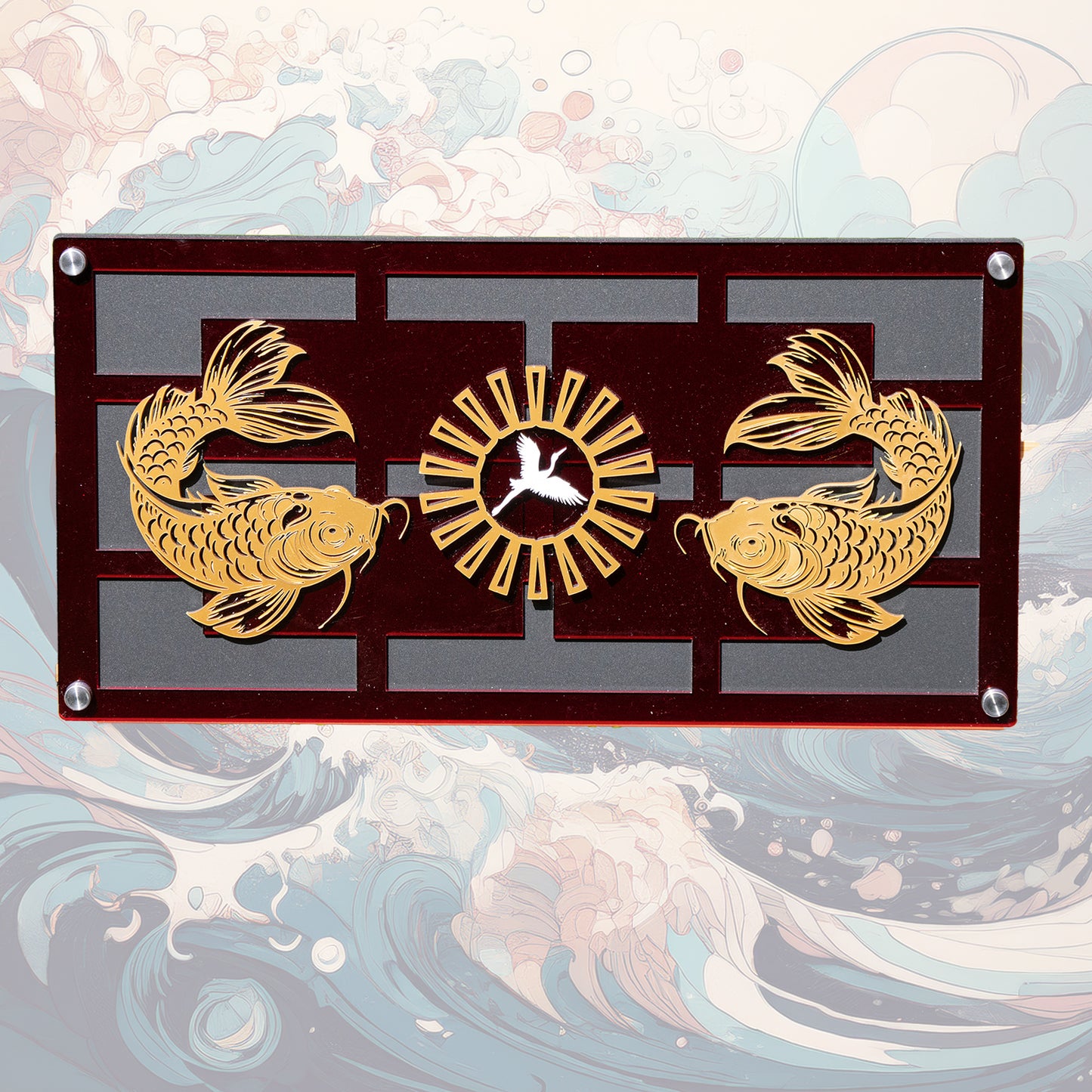 Two Golden Koi with White Crane