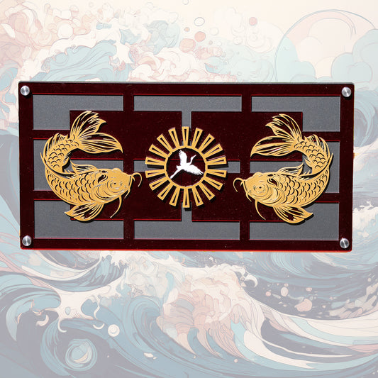 Two Golden Koi with White Crane